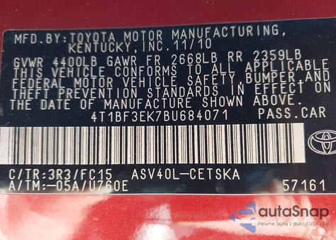 2011 Toyota Camry Se from USA, damaged, VIN 4T1BF3EK7BU684071